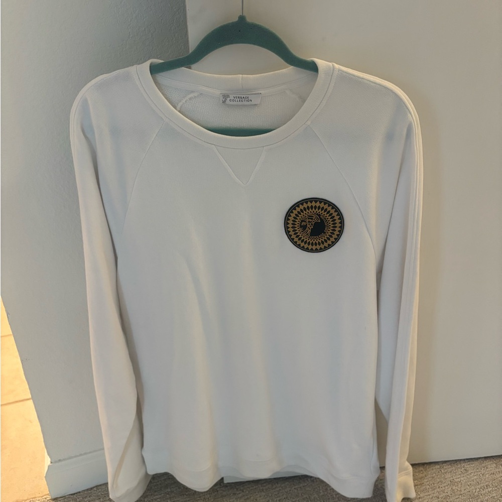 Versace White Crewneck Sweater with Gold Emblem